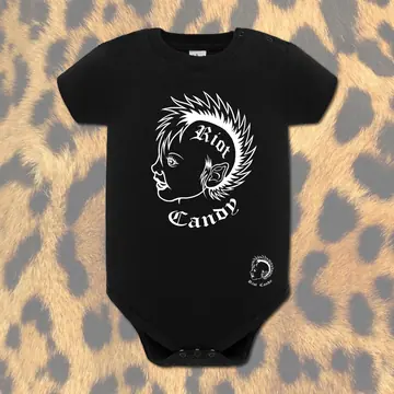 Schwarzer Babybody mit dem Riot Candy Maskottchen
