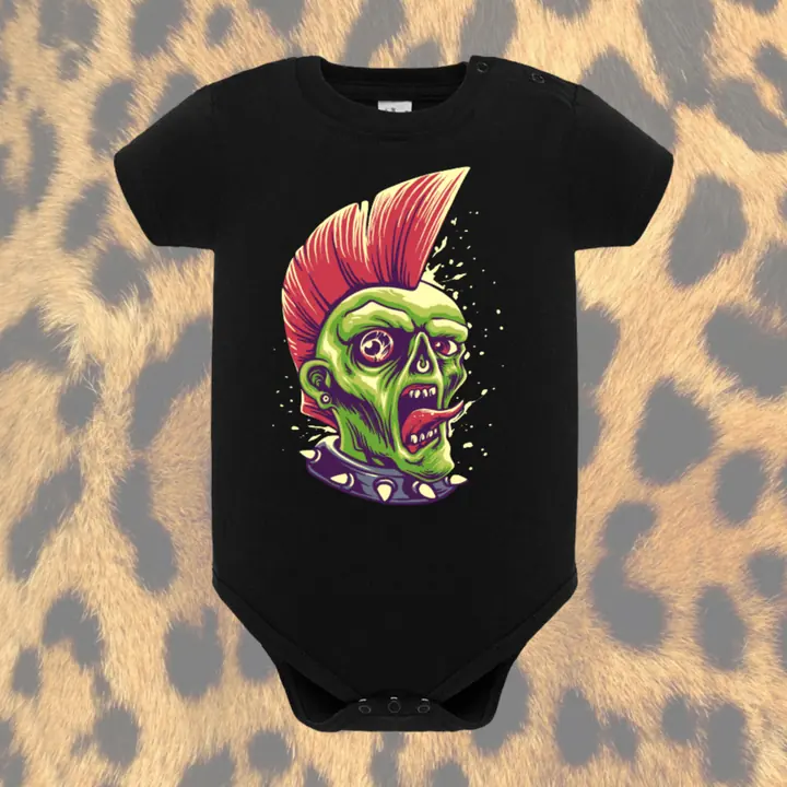 Schwarzer Babybody mit grünem Zombie-Punk-Motiv auf Leopardenmuster