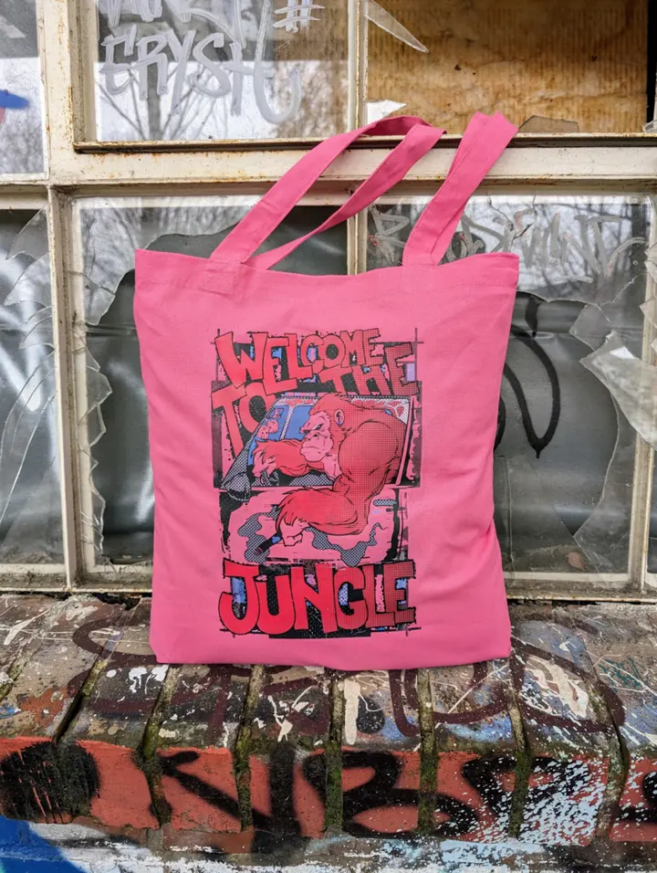 Pinker Stoffbeutel mit wütendem Gorilla-Motiv